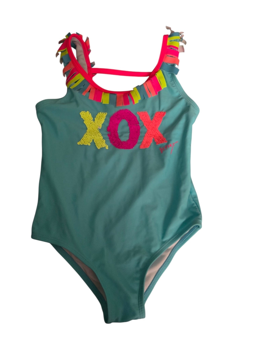Betsey Johnson Kids Aqua One-Piece Swimsuit with Neon Fringe